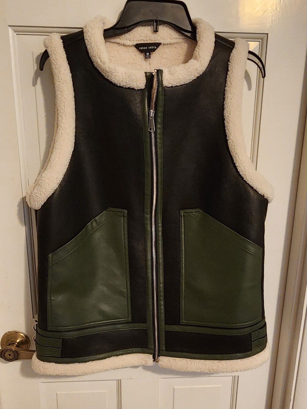 Naked Zebra Black Faux Leather Vest with Olive Green  and Cream Sherpa , Size M
